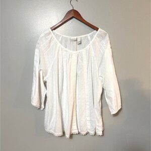Kim Rogers Woman White Blouse 2X 100% Cotton Boho Style Lace Details 3/4 Sleeves